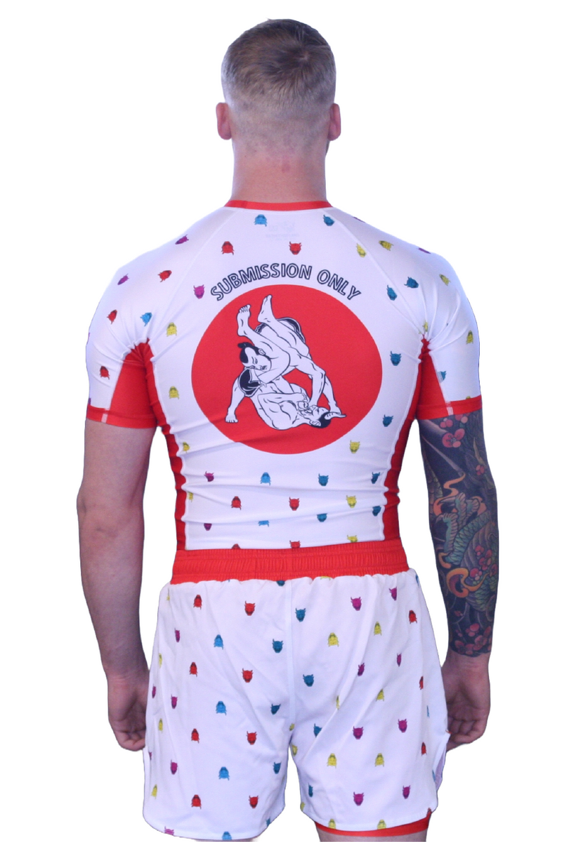 Oni “Finisher” White Short Sleeve Rash Guard – Upper Body Submission Edition