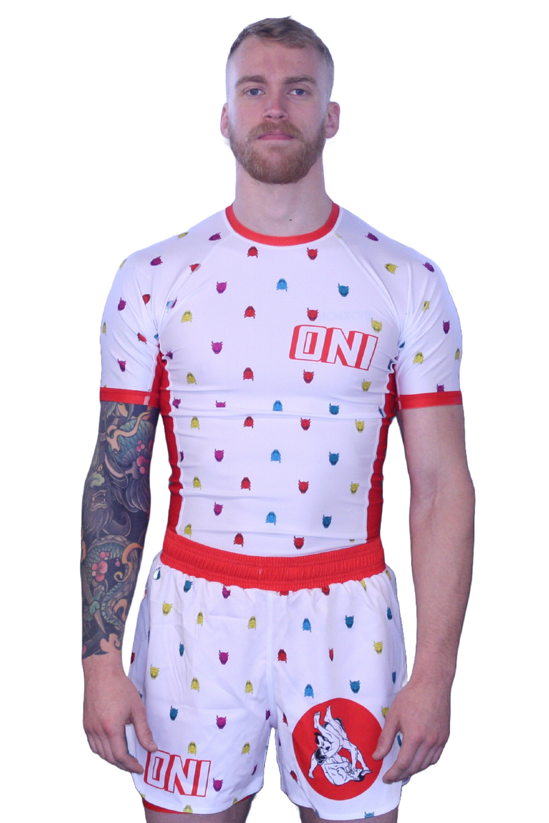 Oni “Finisher” White Short Sleeve Rash Guard – Upper Body Submission Edition