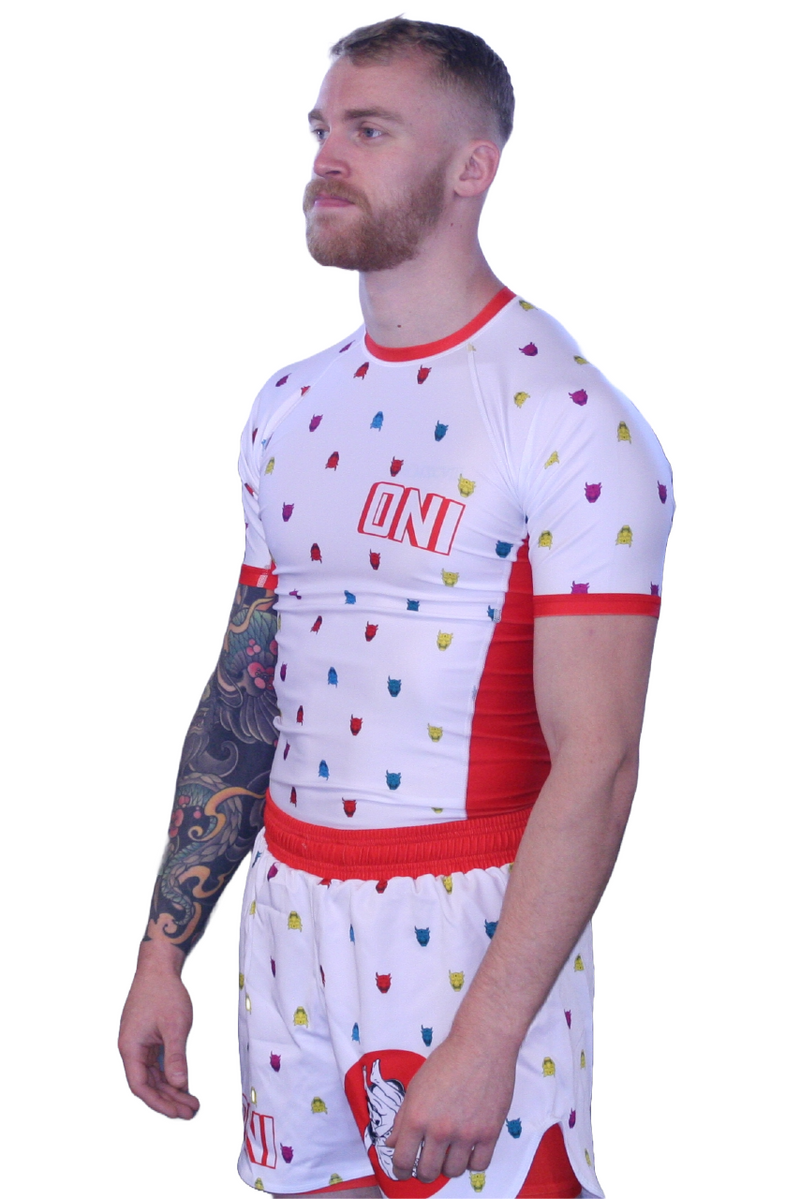 Oni “Finisher” White Short Sleeve Rash Guard – Upper Body Submission Edition