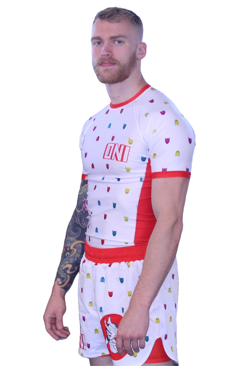 Oni “Finisher” White Short Sleeve Rash Guard – Upper Body Submission Edition