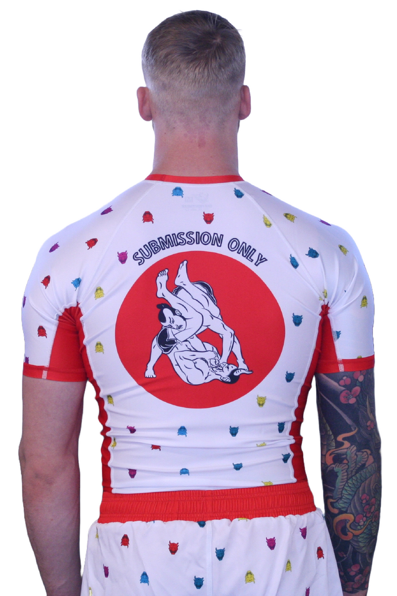 Oni “Finisher” White Short Sleeve Rash Guard – Upper Body Submission Edition