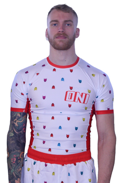 Oni “Finisher” White Short Sleeve Rash Guard – Upper Body Submission Edition