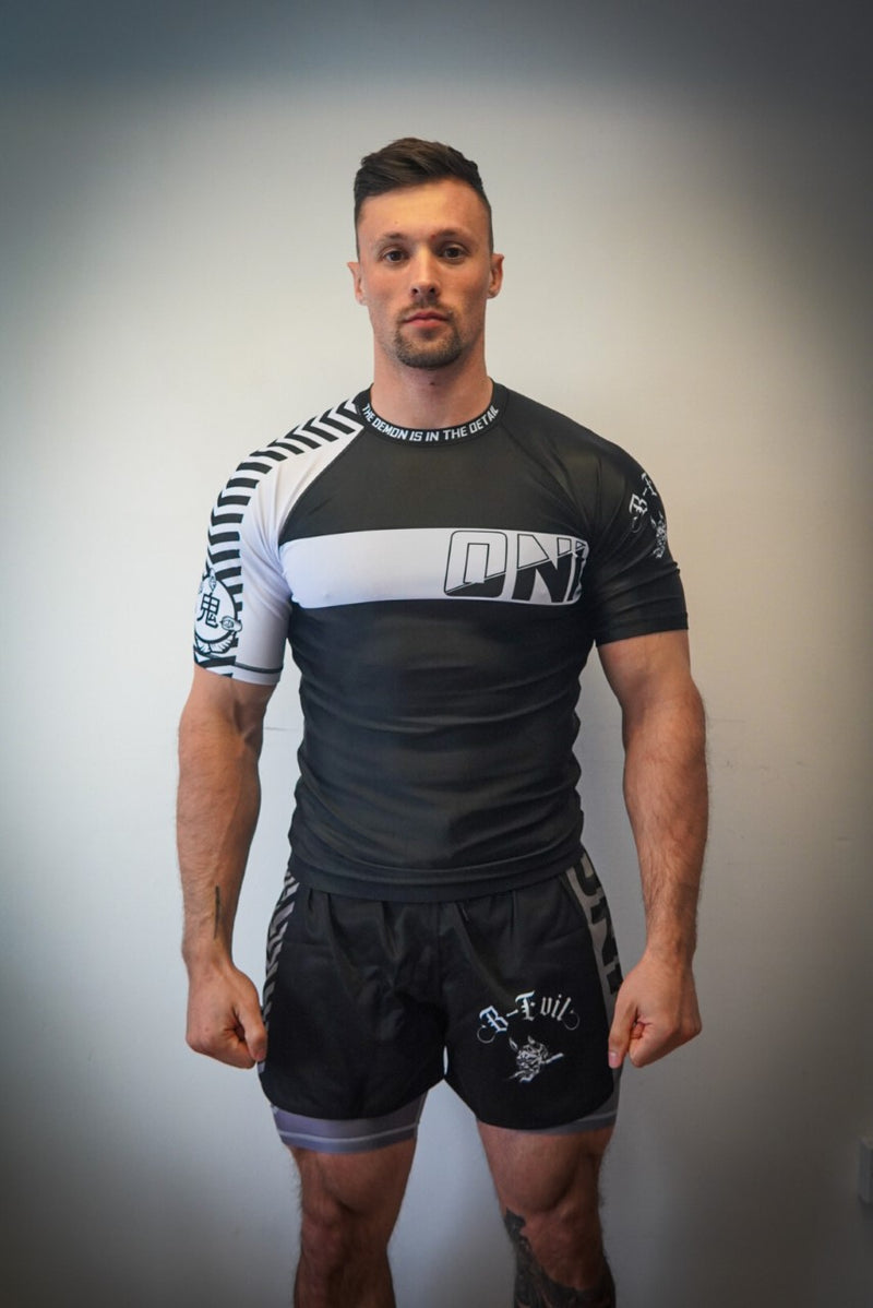 Oni "B-Evil" White Ranked Short Sleeve Rash Guard